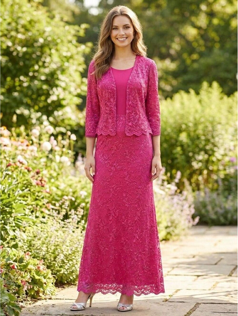Fanny #1512 Floor Length Jersey & Lace W/Jacket Mothers Gown-Size S -FUCHSIA-NEW